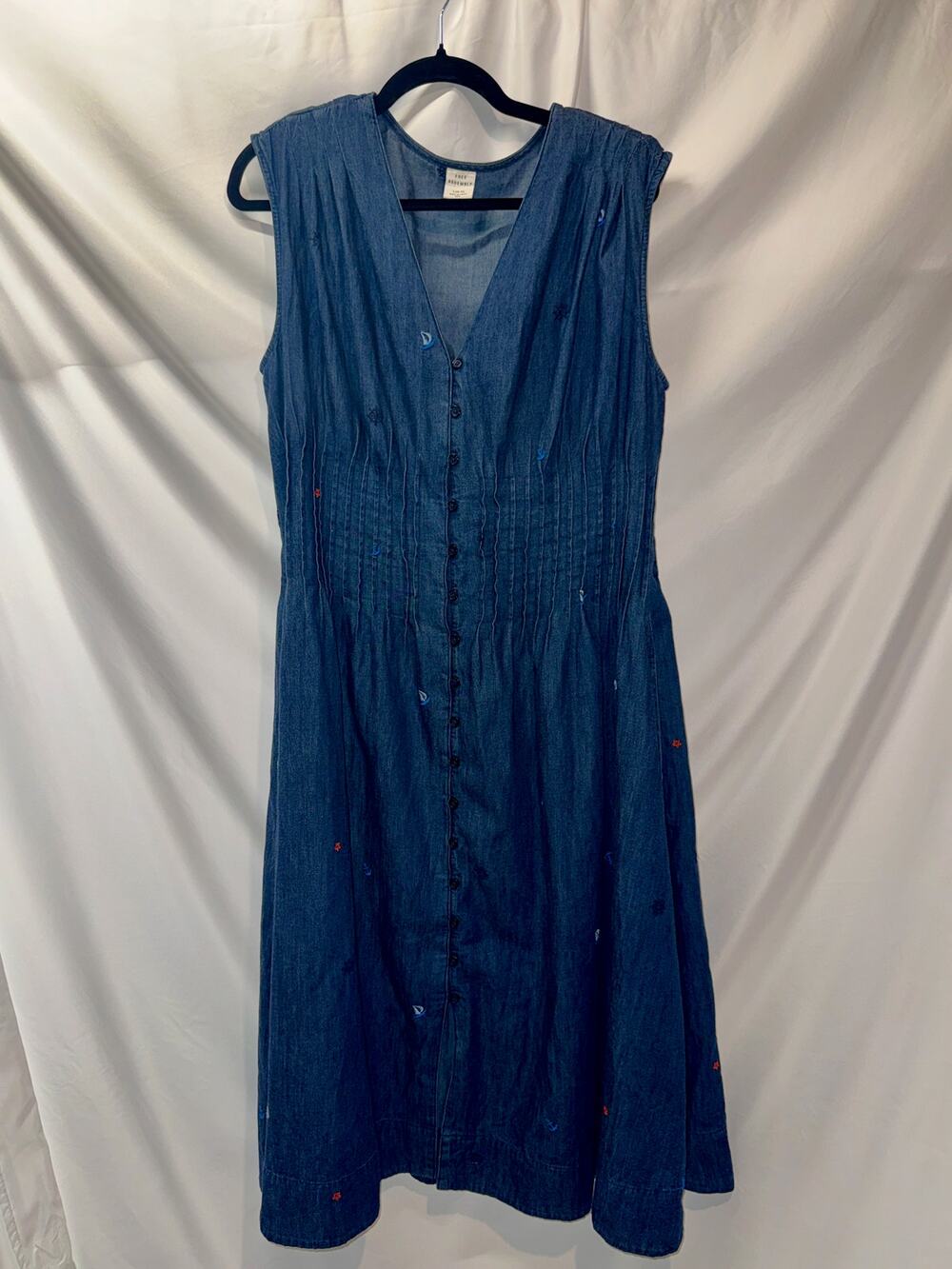 Free Assembly L Denim Midi Dress Nautical Embroidered Button Front Cotton